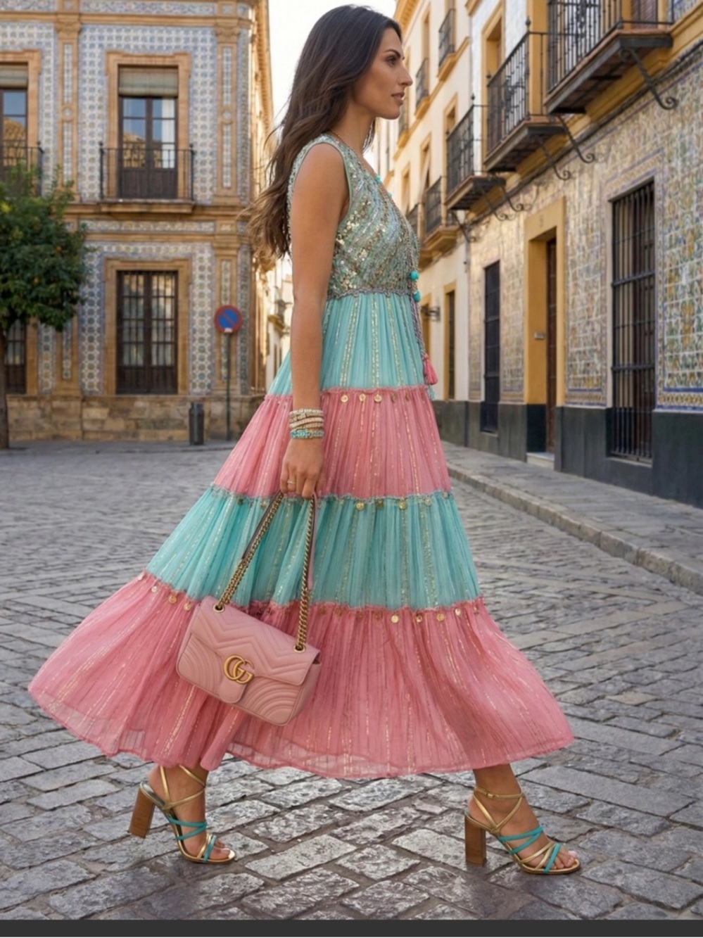 Boho Hand Embroidered Tiered Maxi Dress in Magenta - Picture 2 of 8